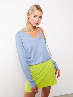 V Yaka D?z Uzun Kollu Kad?n Triko Kazak