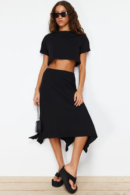 Siyah Volanl? Asimetrik Yuksek Bel Midi Esnek Orme Etek TWOAW20ET0440