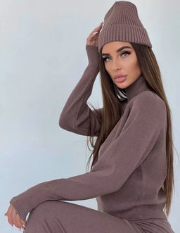 K13194 Костюм тройка: джемпер, брюки, шапка КОРИЧНЕВЫЙ