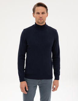 Lacivert Melanj Slim Fit Yar_m Bal_k__ Yaka Basic Triko Kazak
