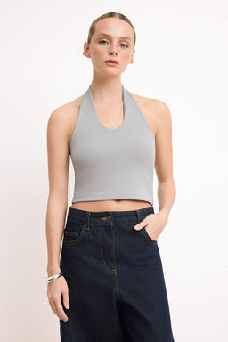 Lacivert-Gri Melanj Boyundan Gecmeli Vucuda Oturan Crop Esnek Orme Bluz TWOAW26BZ00251