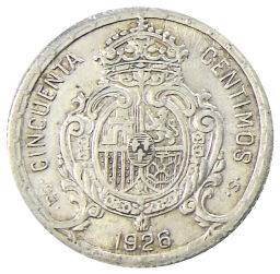 Монета 50 сентимо 1926 года Испания