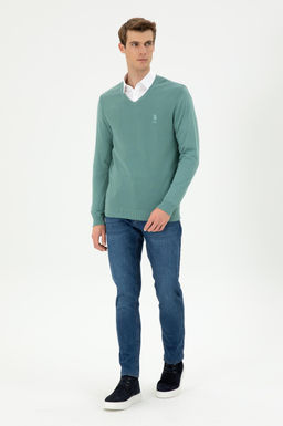 Erkek Slim Fit V Yaka Mint Basic Kazak