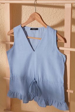 Trendyolmilla Mavi V Yaka Belden Baglamal? Dokuma Bluz TWOSS20BZ0898  фото 6