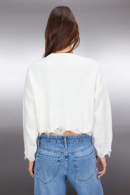 Ekru Crop Genis Kal?p Yumusak Dokulu Ak?tma Detayl? Triko Kazak TWOAW24KZ00319