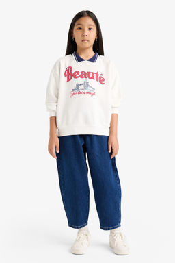Relax Fit Polo Yaka Bask_l_ Sweatshirt K_z _ocuk - Defacto фото 5