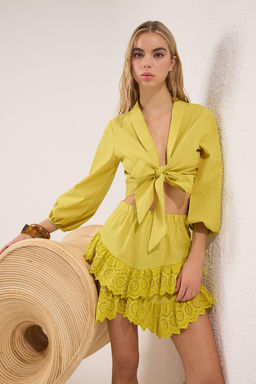 Trendyolmilla Beyaz Crop Dokuma Baglamal? Flaml? Pamuk Plaj Bluz TBESS24BZ00006  фото 2