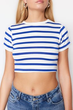 Premium Saks Ekru Cizgili Viskoz/Yumusak Kumas Crop Bisiklet Yaka Esnek Orme Bluz TWOSS23BZ00198