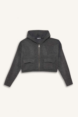 Regular Fit Kapusonlu Basic Duz Fermuarl? Triko H?rka - Defacto фото 4