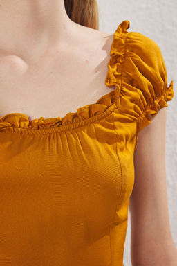 Kiremit A Kesim Yakas? Lastik Detayl? Midi Dokuma Elbise TWOSS25EL00632 - Trendyolmilla фото 4