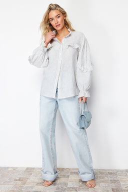 TRENDYOLMILLA Ekru Cizgili F?rf?r Detayl? Muslin Dokuma Gomlek TWOSS24GO00081  фото 3