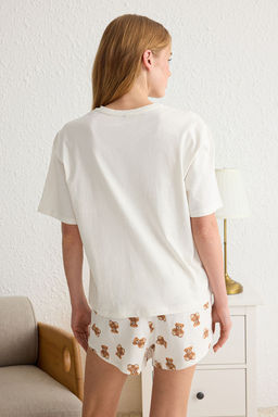 Trendyolmilla Ac?k Bej %100 Pamuklu Ay?c?kl? ve Slogan Bask?l? Sortlu Orme Pijama Tak?m? THMSS25PT00110 фото 6