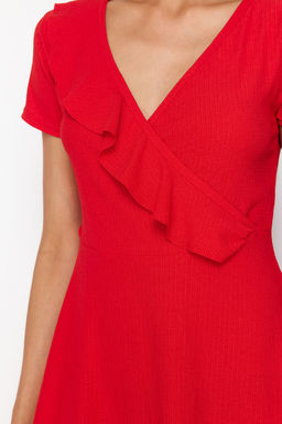 K?rm?z? F?rf?rl? Kruvaze Kapamal? Skater/Belden Ac?lan Esnek Midi Orme Elbise TWOSS24EL01068