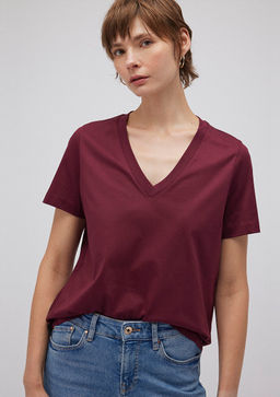 Pamuklu Merserize V Yaka Bordo Basic Tisort