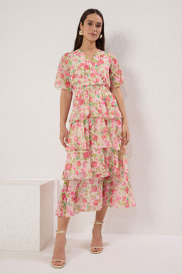 TRENDYOLMILLA Pembe Cicekli Etegi Belden Ac?lan Midi Dokuma Elbise TWOSS25EL00451  фото 2