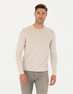 Bej Slim Fit Bisiklet Yaka Triko Kazak