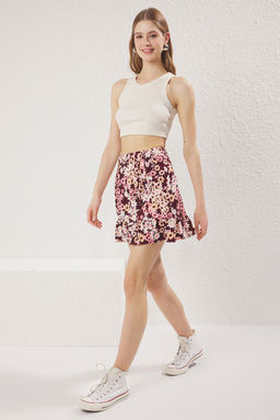 Kahverengi Bask?l? Volanl? Yuksek Bel Mini Esnek Orme Etek TWOSS21ET0010