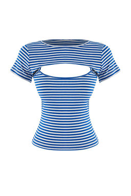 Mavi _izgili Fitted 2 Par_al_ Pencere Detayl_ Fitted Crop Esnek _rme T-Shirt TWOAW27TS00031 - Trendyolmilla фото 6