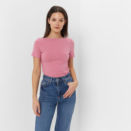 Футболка женская с вырезом лодочка MINAKU: Basic line, лиловая, размер 42