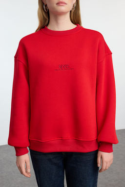 TRENDYOLMILLA K?rm?z? Slogan Nak?sl? Oversize Kal?p Kal?n Ici Polarl? Orme Sweatshirt TWOAW25SW00148  фото 3