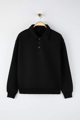 Siyah Yeni Oversize/Genis Kesim Soft Kalite Ici Polarl? Polo Yaka Sweatshirt TMNAW26SW00004 - Trendyolmilla фото 5