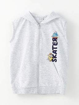 Kap??onlu Bask?l? Erkek ?ocuk Fermuarl? Yelek