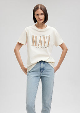 Mavi Logo Bask?l? Bej Tisort