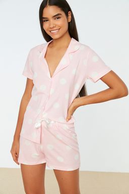 Trendyolmilla Somon %100 Pamuklu Puantiyeli Sortlu Orme Pijama Tak?m? THMSS20PT0077