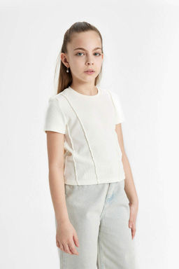 Облегающая футболка в рубчик с короткими рукавами для девочек - Defacto фото 4