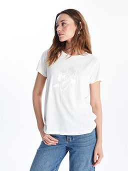 Bisiklet Yaka ?i?ekli Penye Nak??l? Kad?n Ti??rt