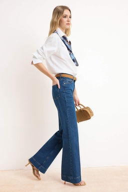 Koyu Mavi Utu Yuksek Bel Izli Az Esnek Wide Leg Jeans TWOSS26JE00191