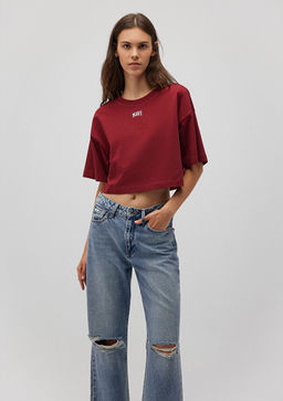 Mavi Logo Bask?l? K?rm?z? Crop Tisort