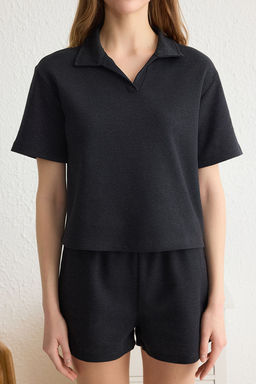 Trendyolmilla Antrasit Slogan Etiket Detayl? Waffle Kumas Sortlu Orme Pijama Tak?m? THMSS25PT00072  фото 3