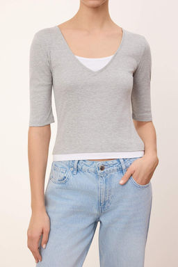 Gri Melanj Fitted/Vucuda Oturan V Yaka Truvakar Pamuk Ribana Orme Bluz TWOSS26BZ00068 - Trendyolmilla фото 5