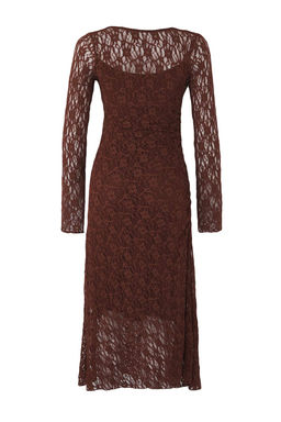 Kahverengi Dantel Bodycon Midi S?rt Dekolteli Astarl? Esnek Orme Elbise TWOAW26EL00016