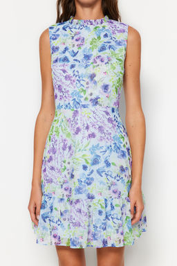 Mavi Cicekli A Kesim F?rf?rl? Astarl? Mini Dokuma Elbise TWOSS20EL0681