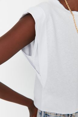 TRENDYOLMILLA Siyah %100 Pamuk Vatka Gorunumlu Basic Bisiklet Yaka Orme T-Shirt TWOSS20TS0021  фото 15