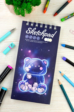 Скетчпад 105х210 мм, 80 л, блок - 3 цвета (серый,белый,кремовый) 80 г/м?, арт. 62766 СТЕКЛЯННЫЙ МИШКА /обложка полноцветная печать, твёрдый переплёт, гребень по короткой стороне, матовая ламинация,