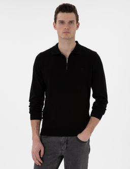 Siyah Slim Fit Fermuarl_ Polo Yaka Basic Triko Kazak