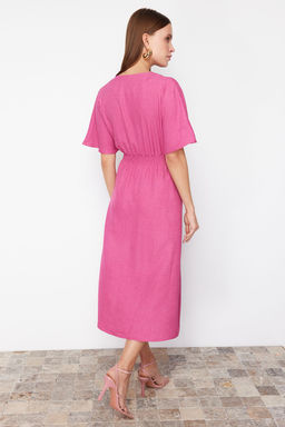 TRENDYOLMILLA Turuncu Baglama Detayl? A Kesim V Yaka Midi Dokuma Elbise TWOSS23EL01543  фото 22