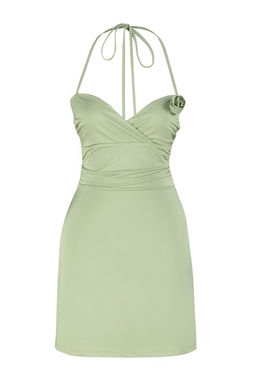 TRENDYOLMILLA Ac?k Yesil A-Kesim Cicek Detayl? Orme K?sa S?k Abiye Elbise TPRSS24EL00107