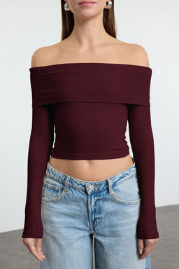 Bordo Carmen Yaka Fitted/Vucuda Oturan Crop Esnek Orme Bluz TWOAW25BZ00008
