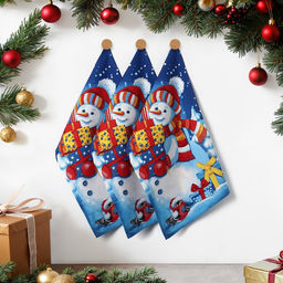 Набор новогодних полотенец Доляна Снеговик 35х60см-3штуки, 100% хлопок, вафельное полотно 162г/м2