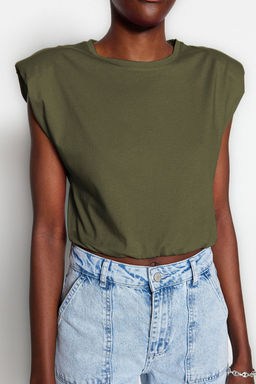 Haki %100 Pamuk Vatkal? Crop Bisiklet Yaka Orme T-Shirt TWOSS21TS0379