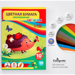 Цена за 4 шт. Бумага цветная А4, 10 листов, 10 цветов, Calligrata, мелованная, в папке, МИКС