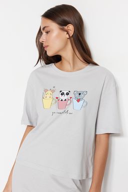 Trendyolmilla Lila %100 Pamuklu Eglenceli Bask?l? T-shirt-Pantolon Orme Pijama Tak?m? THMSS23PT00134 фото 9