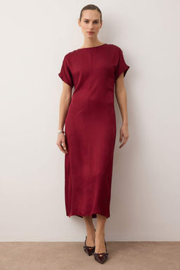 Bordo Duz Jakarl? Midi Dokuma Elbisesi TWOAW26EL00311