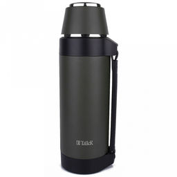 Термос из нержавеющей стали с узкой горловиной 1,5л Лукас д10см, h33,5см, горло д5см, полировка матовая, кнопка-клапан для налива, крышка-стаканчик, ручка, ремень, зеленый, TalleR (Китай)