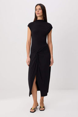 Siyah D_z Bodycon Bisiklet Yaka Standart Kol K_sa Midi Esnek _rme Elbise TWOSS26EL00661