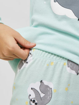 Хлопковый комплект (лонгслив и брюки) бирюзового цвета с ленивцами для девочек - Mark formelle фото 4